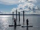 Port Townsend, Washington State. Silhouettes of two women dressed as witches on paddleboards. Art Print